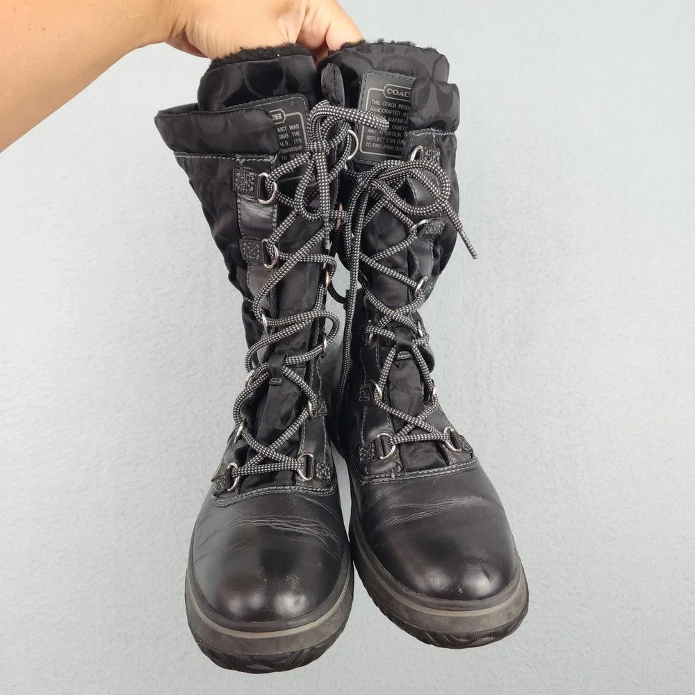 Coach Shaine Snow Boots Womens Size 7 Black Leather Winter Faux Fur Lace Up